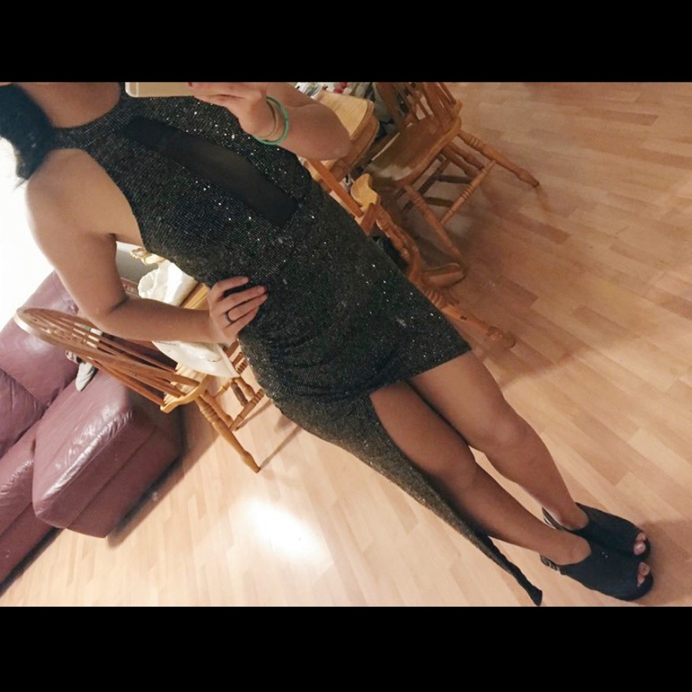 Black deep v plunge mesh high to low dress